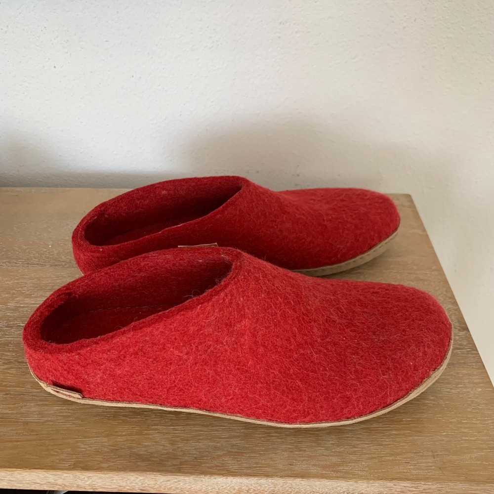 Glerups Red Felted Wool Slippers Leather Sole Unisex Size 45 B-08-00-45